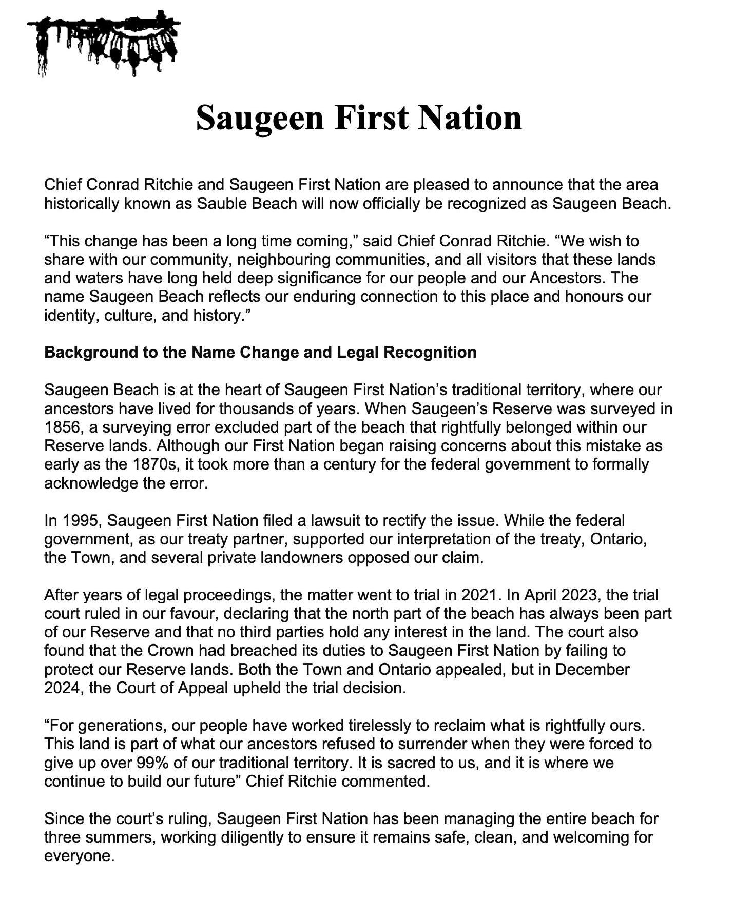 Chief Conrad Ritchie... - Chippewas of Saugeen First Nation | Facebook