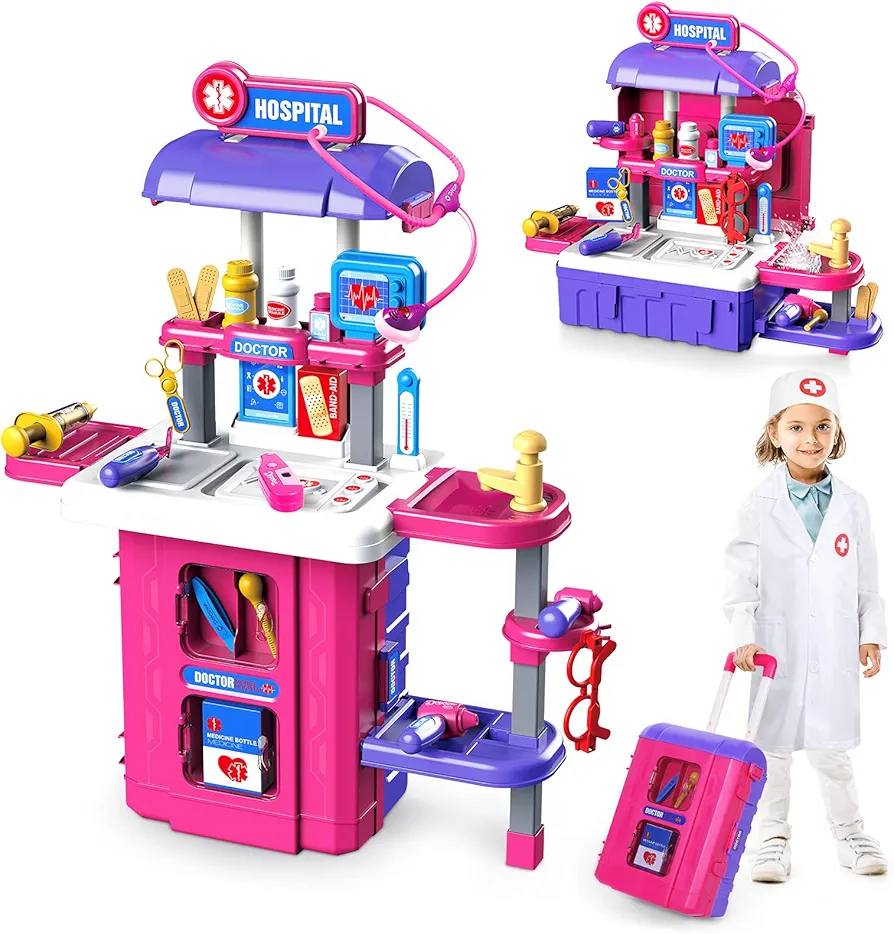 Kit de médico de juguete para niñas: juego de simulación para niños con estetoscopio electrónico para disfrazarse de médico, estuche de almacenamiento para disfraz de médico, juego de rol, kit médico