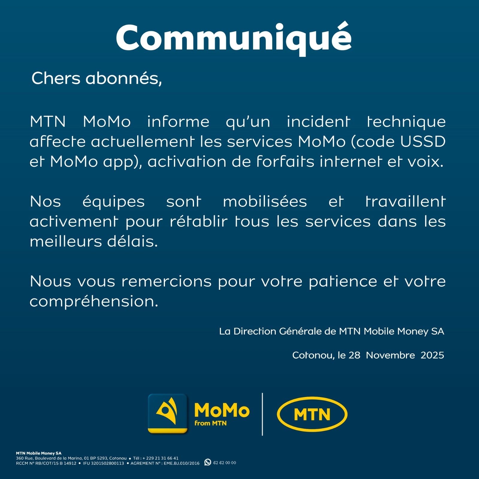 MTN - Chers abonnés, Nous rencontrons actuellement un incident ...