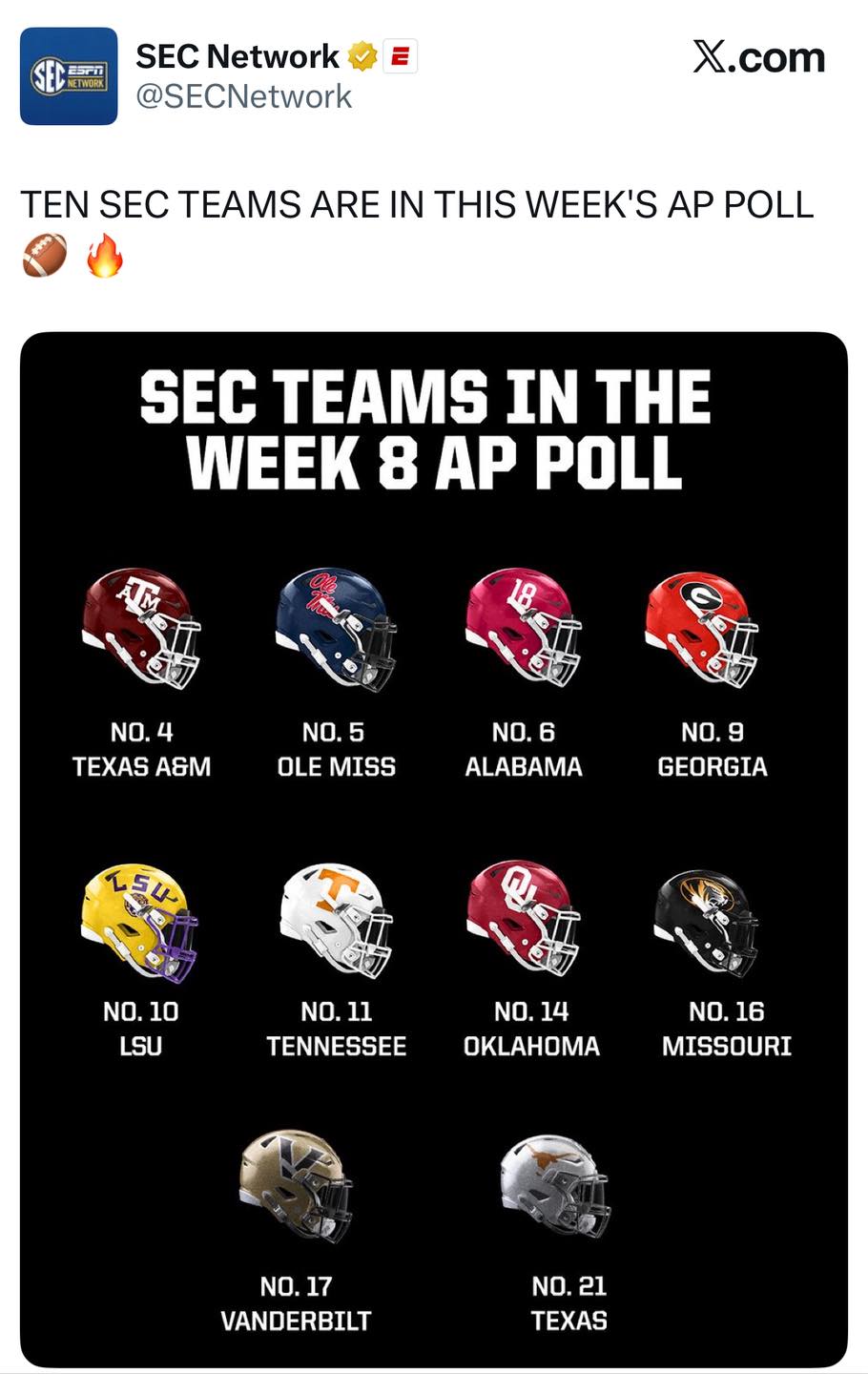 Let's - TEN teams from the SEC ranked in the top 25 this week. That is ...