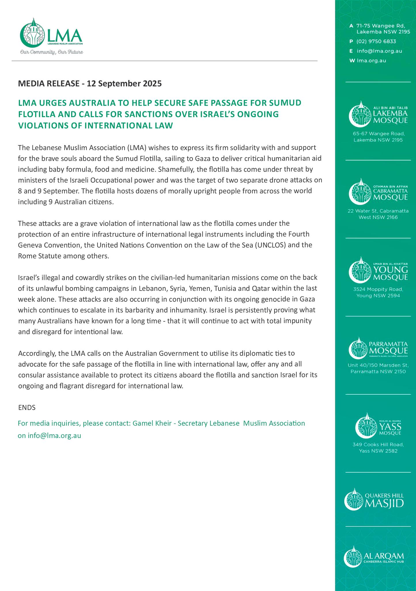 Lebanese - MEDIA RELEASE - 12 September 2025 LMA URGES AUSTRALIA TO ...