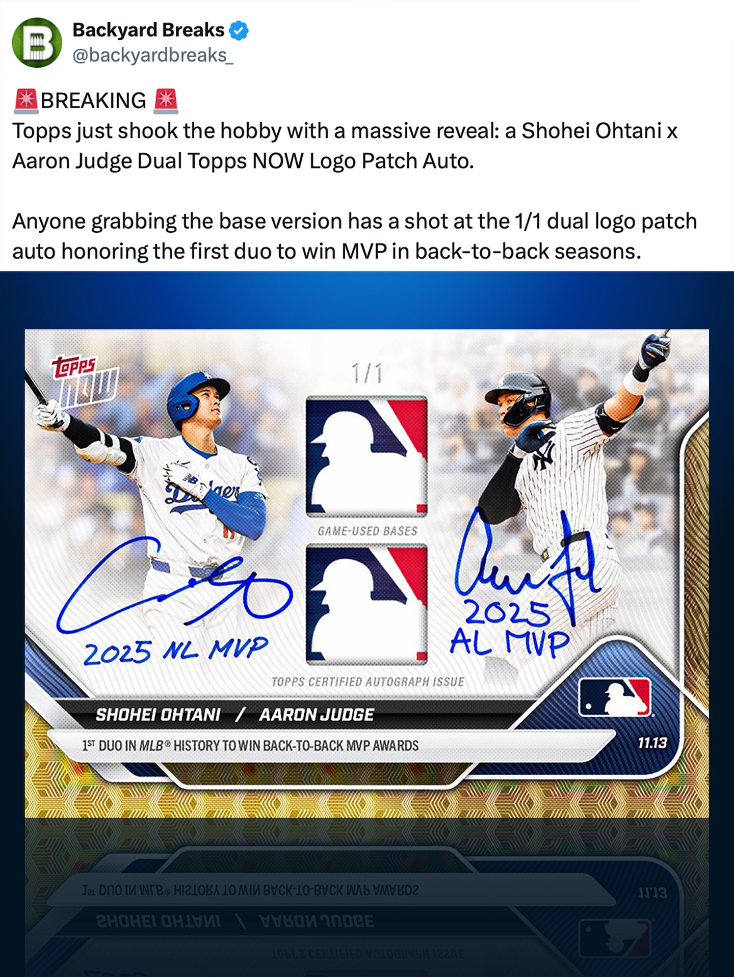 Shohei Ohtani and Aaron Judge dual MVP patch auto card