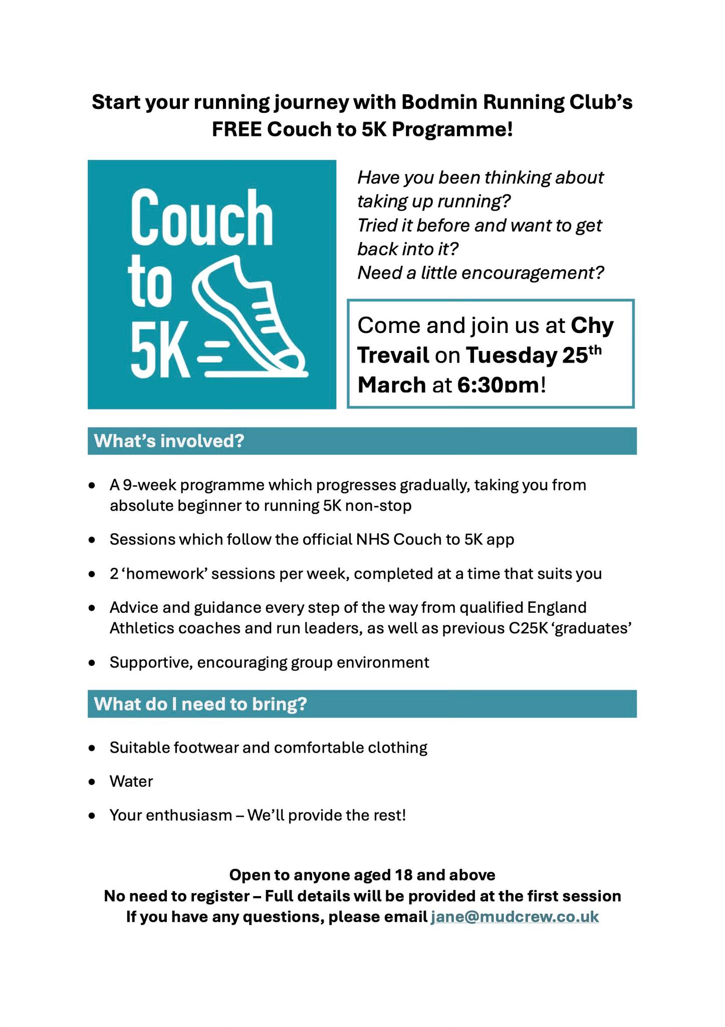 Bodmin - 🏃🏼‍♀️ FREE Couch to 5K Programme starting on 25th March! 🏃🏻‍♂️