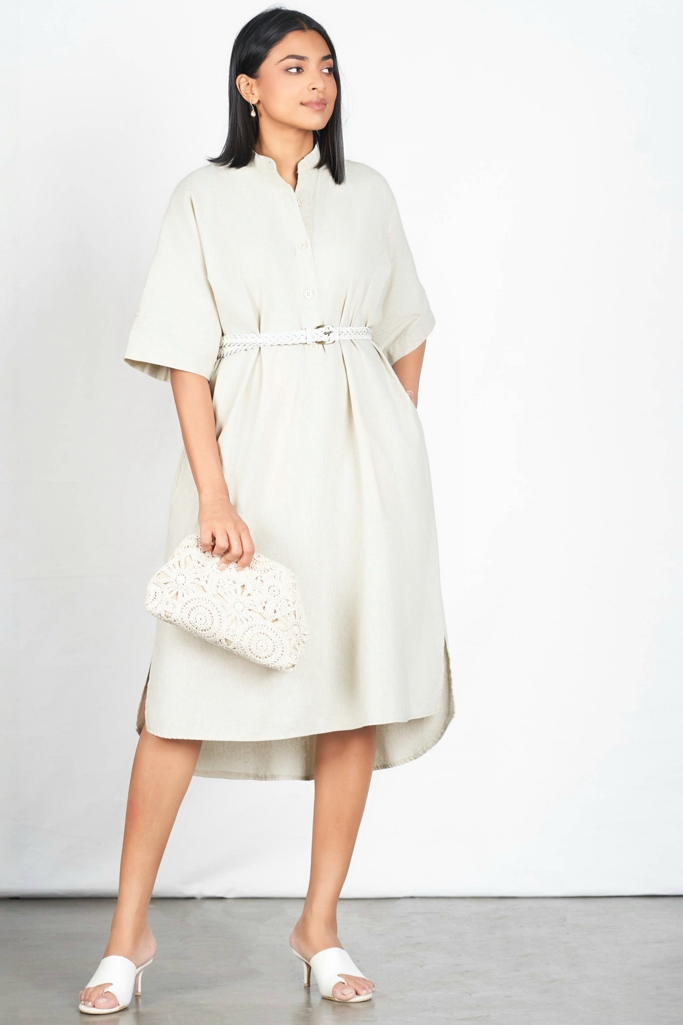 beige oversized shirt dress Oversize Long Sleeve Belted Shirt Dress