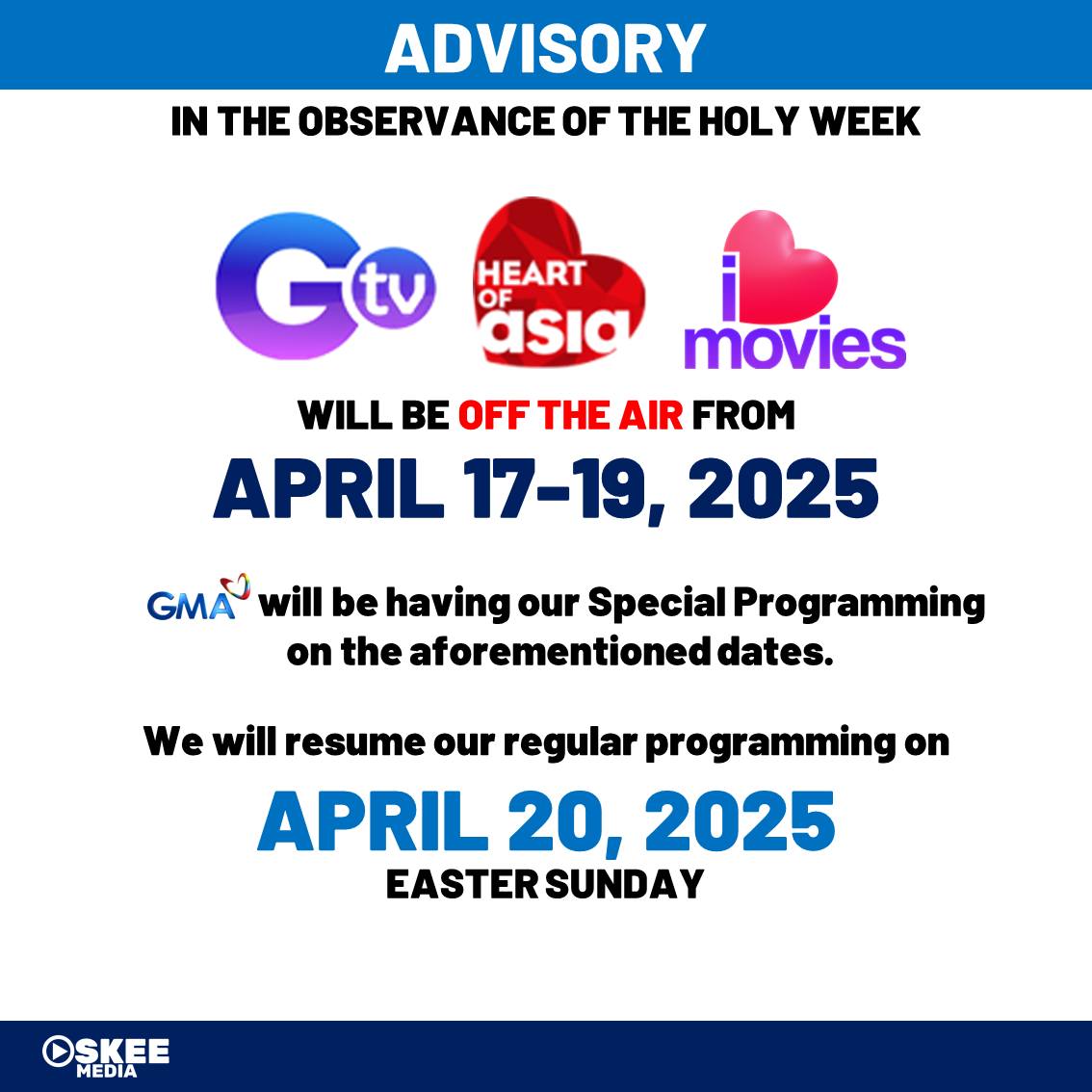 Oskee Media - PROGRAMMING ADVISORY: In the observance of Holy Week, GMA ...