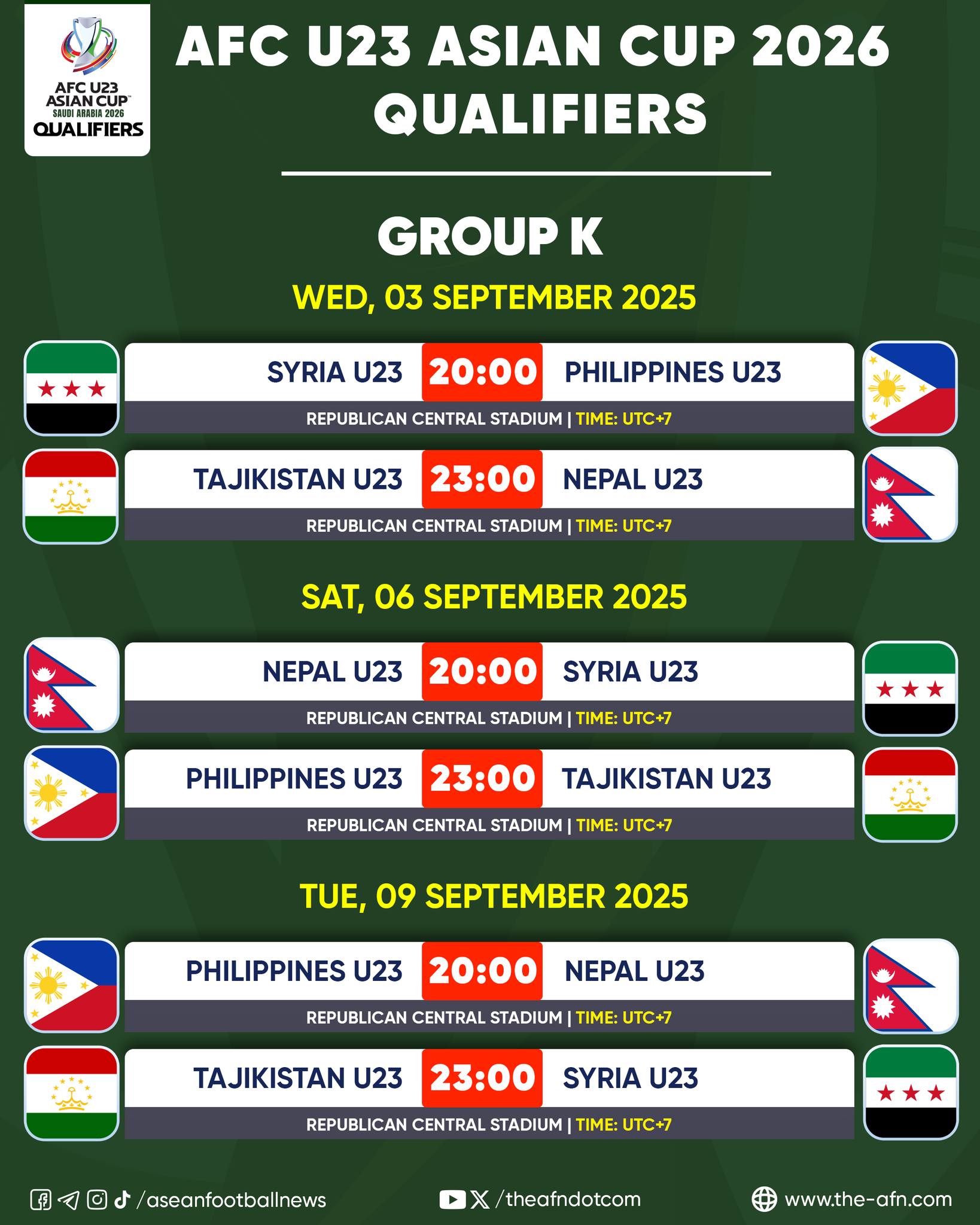 ASEAN - AFC U23 Asian Cup 2026 Qualifiers Fixtures Group K 🗓 Wed, 03 ...