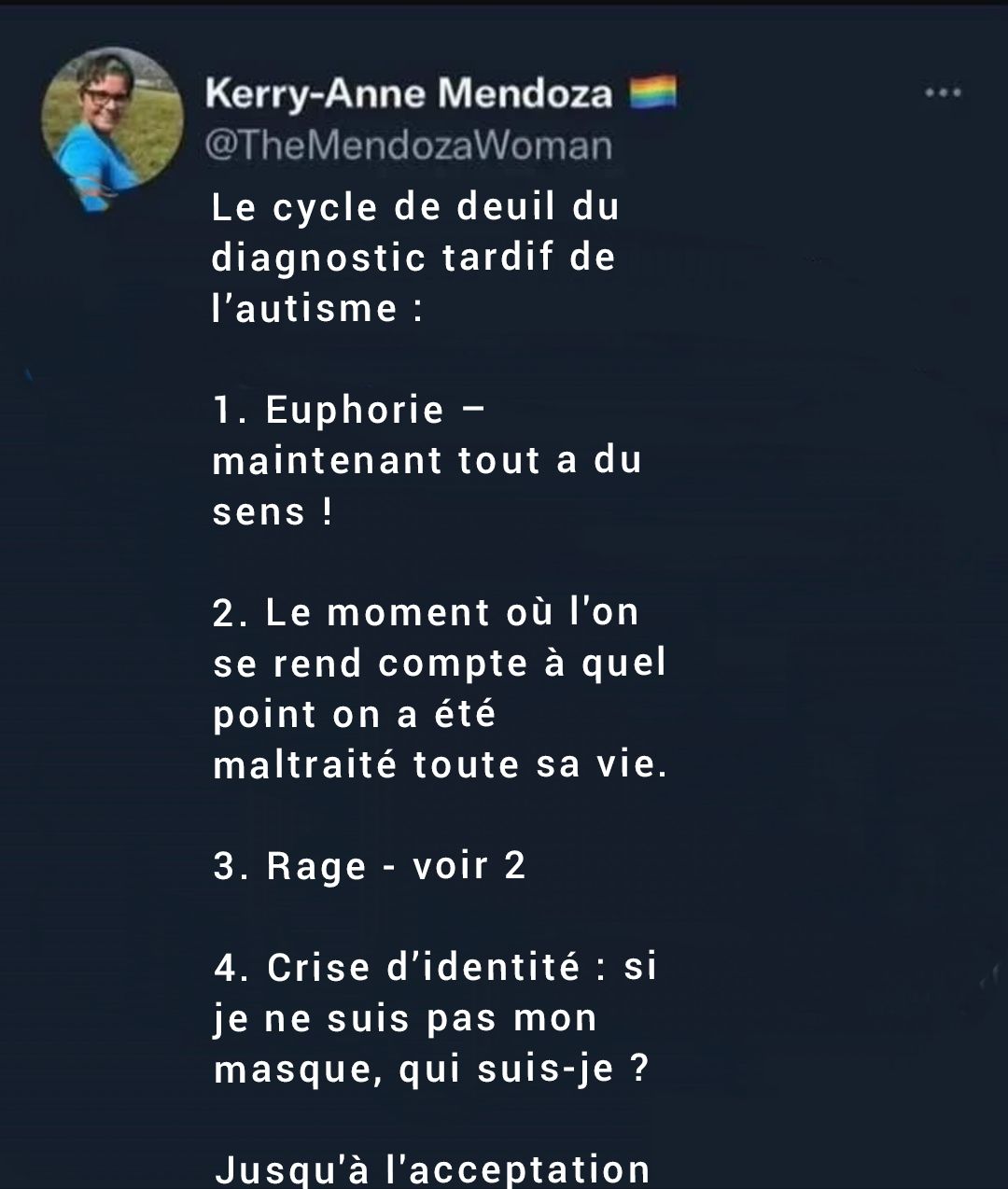 Autiste - 🦋Le cycle de deuil du diagnostic tardif de l’autisme : Kerry ...