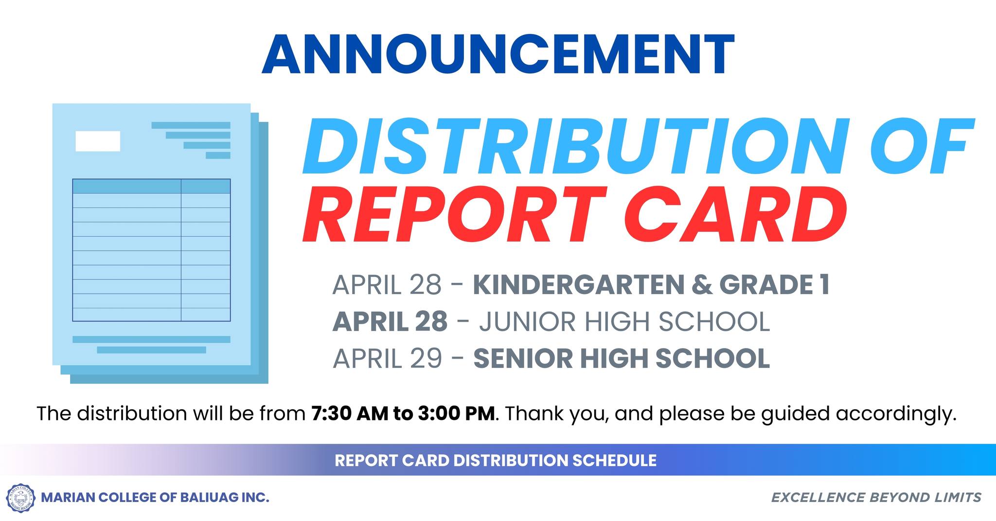 Marian - ANNOUNCEMENT: REPORT CARD DISTRIBUTION Please be guided by the ...