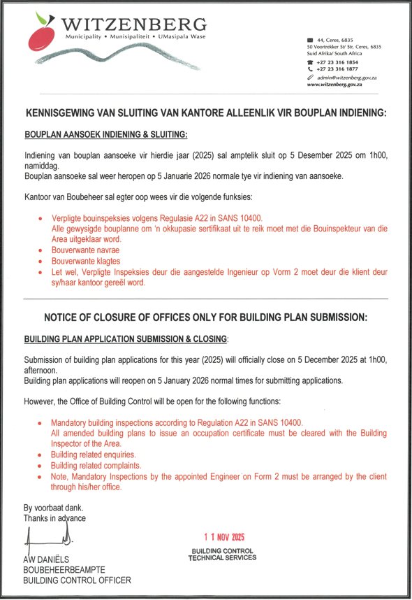 Witzenberg - 📢 BUILDING CONTROL NOTICE: CLOSING DATE FOR BUILDING PLAN ...