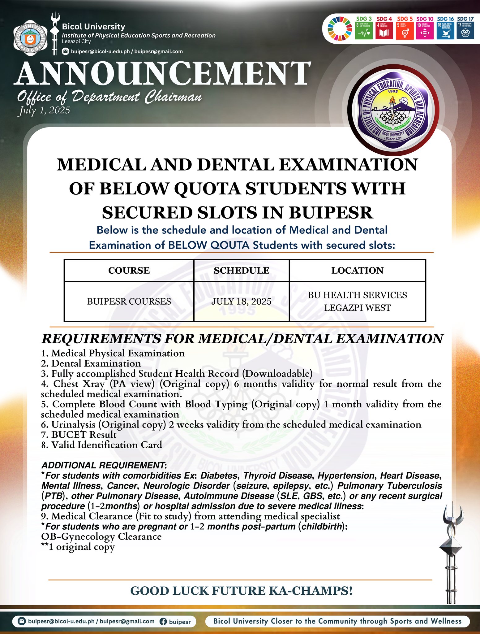 Bicol - Below is the schedule and location of Medical and Dental ...