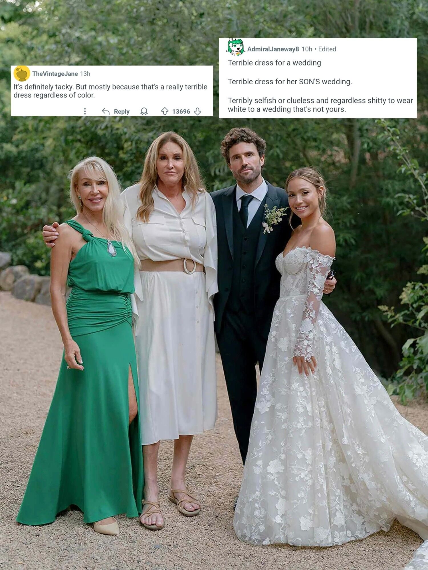 caitlyn jenner green dress People are angry that was wearing white at her estranged son Brody Jenner's wedding. Obviously, they didn't notice Caitlyn's feet in sandals 😆 wedding married caitlyn jenner