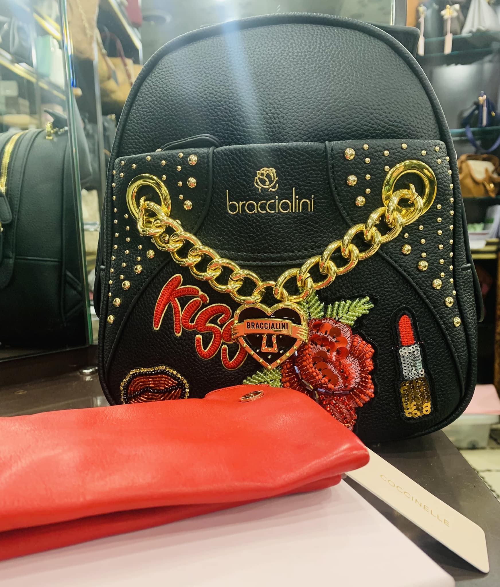 Zaino Donna Braccialini Rock - Ecopelle Nera Con Ricami Floreali E Borchie Dorate