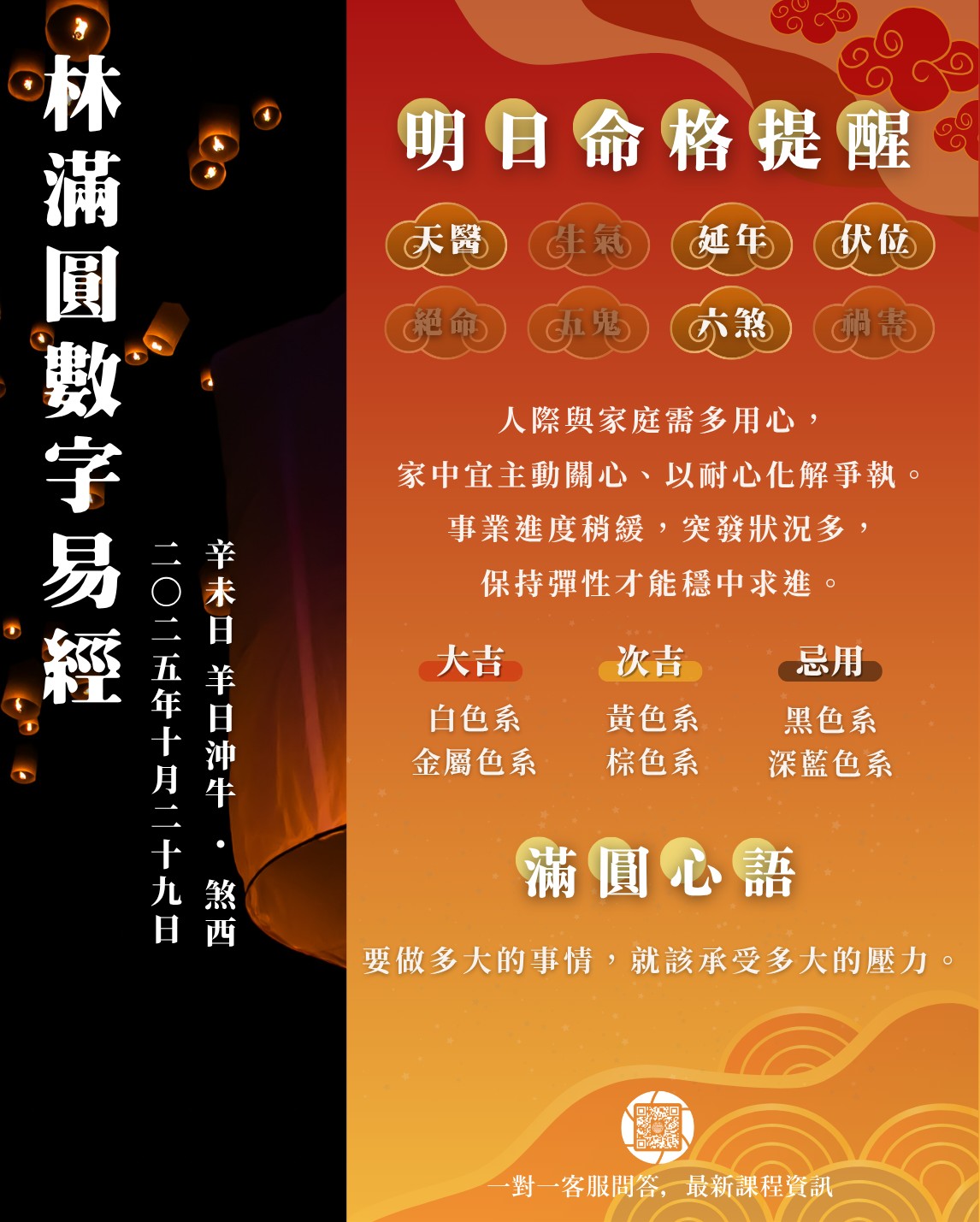 林滿圓數字易經 - #每日命格注意報 10/29（三）由 #天醫 💰、#延年 👨🏻‍🦳、#伏位 🧘🏻‍♀️、#六煞 ️‍🩹 主導。 🎨 大吉 ...