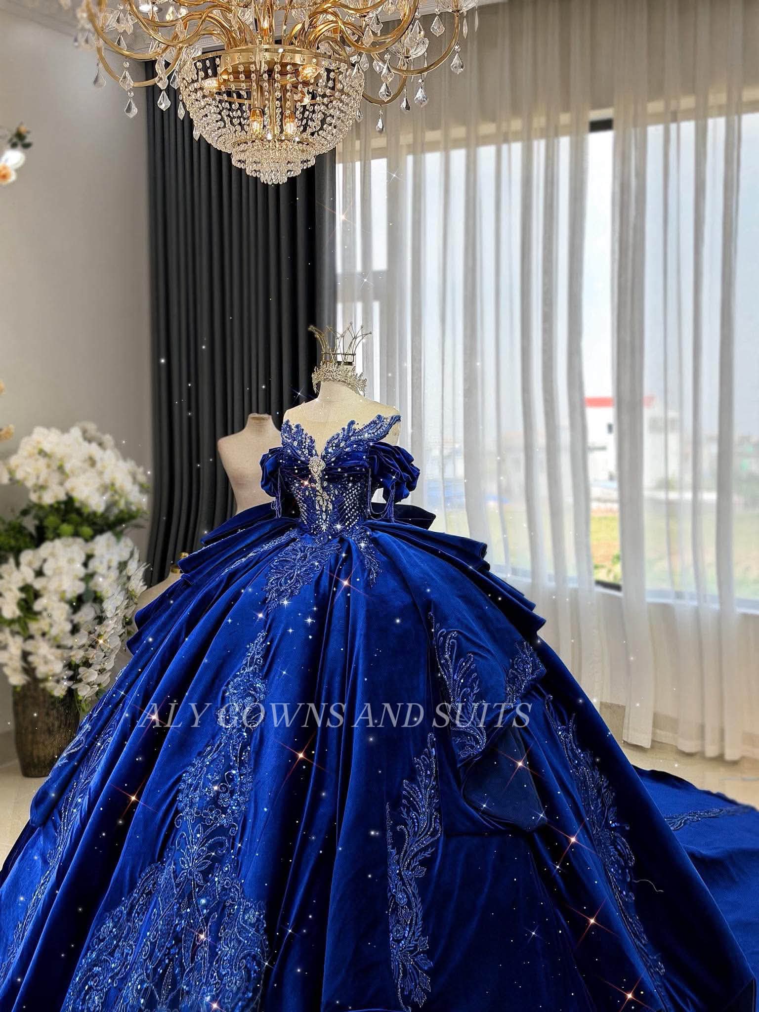 royal blue masquerade dress Aly Gowns' velvet ball gown for rent & pre-order Jersey Colors:Dusty Rose Farm Rio Black Blossom upload-20251020 Sweet 16 Zipper Closure
