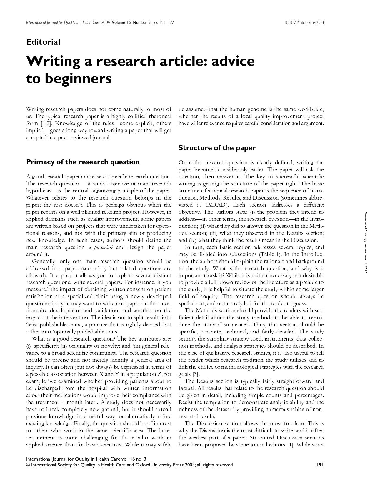 ACE - Writing a research article: advice to beginners. Full PDF at ...