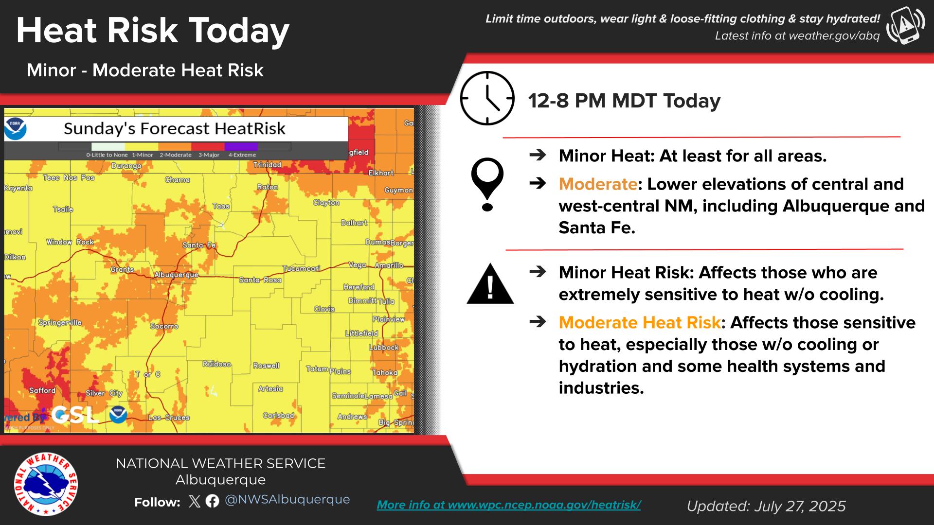 US - A moderate heat risk is forecast today for the lower elevations of ...