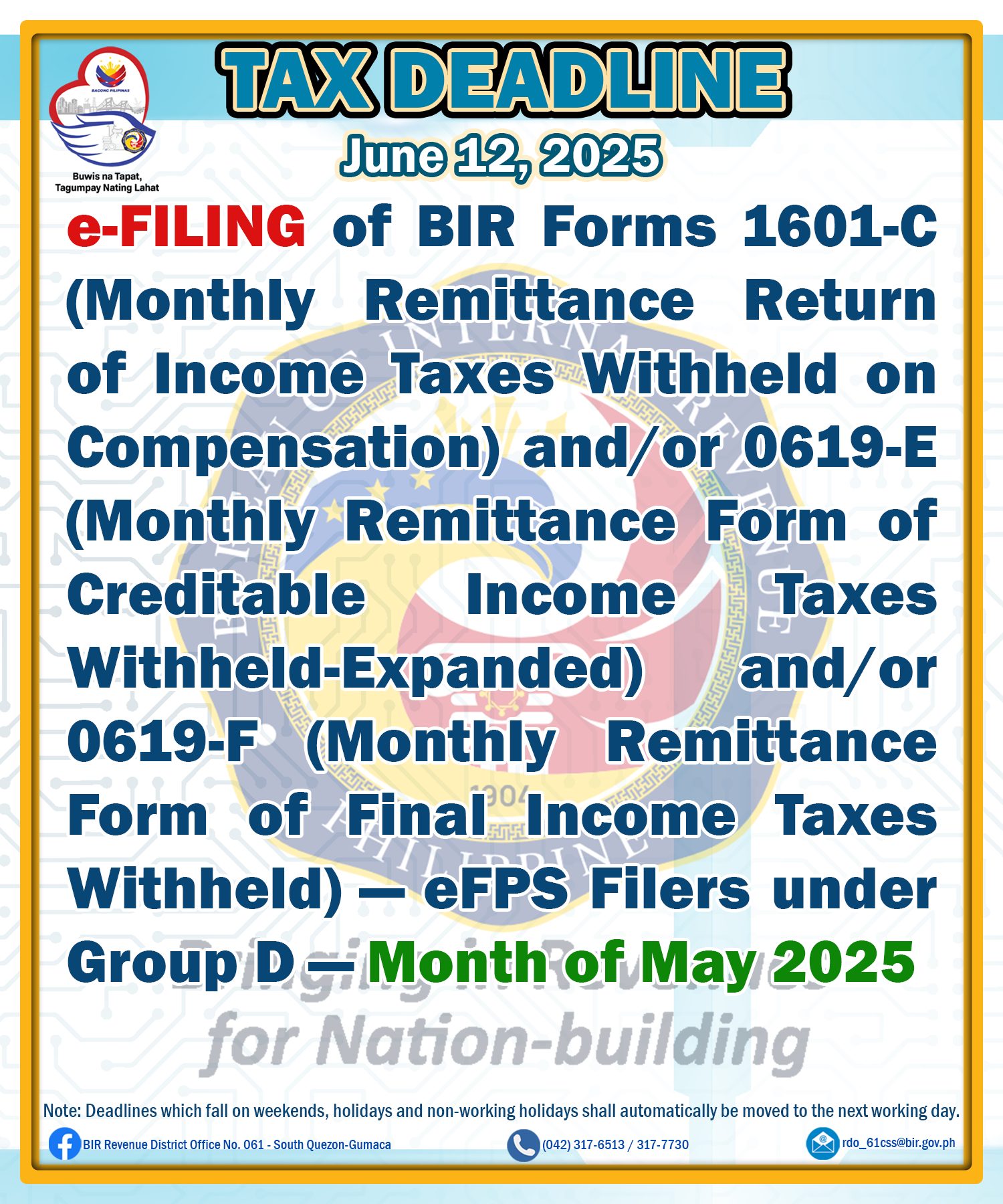 BIR - ️ ️ ️ Tax Deadline: June 12, 2025 e-FILING of BIR Forms 1601-C ...
