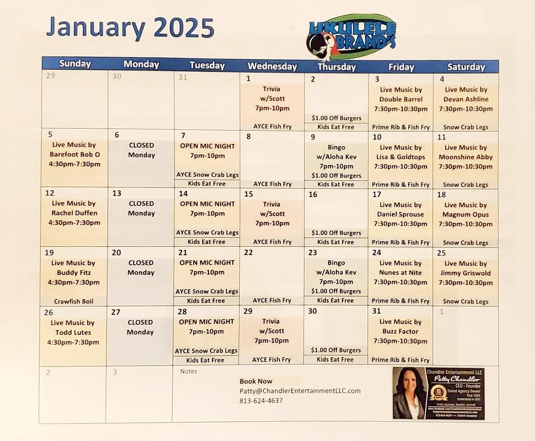 Ukulele Brands January 2025 - Calendar of Events Chandler