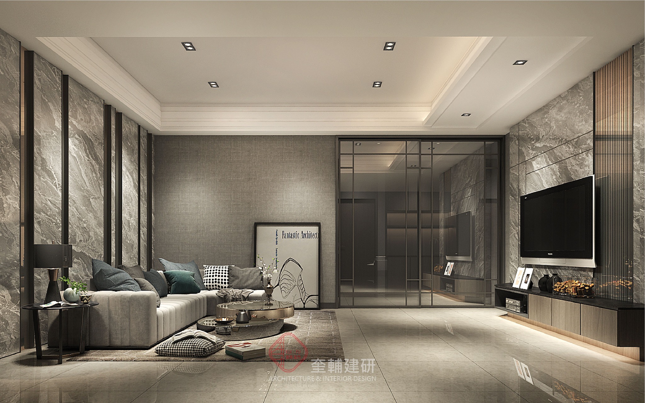 奎輔建研-建築室內設計工程公司 - |起居室| 沉穩內斂的灰色調，營造高級質感。沙發背牆以石材與鏡面交錯，折射光影，增添空間層次感。電視牆選用 ...