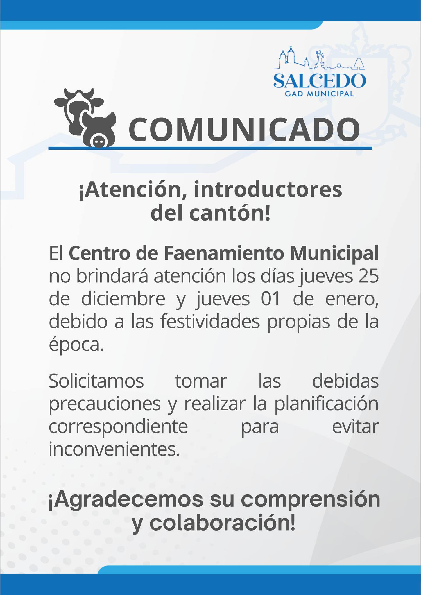 #Comunicado│ 👇🐷 Les pedimos... - GAD Municipal de Salcedo | Facebook