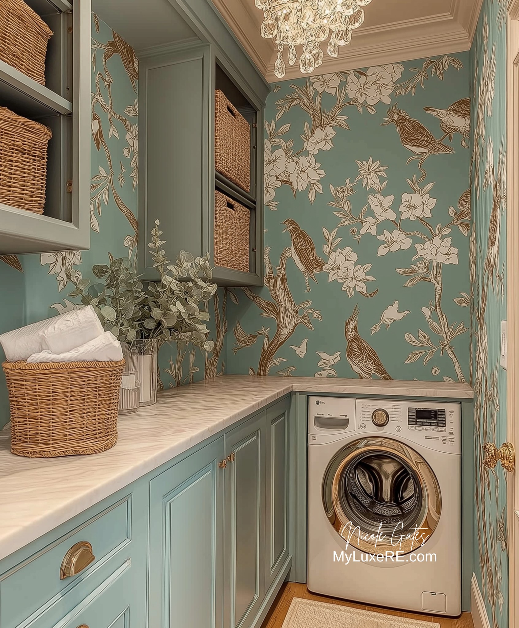 Nicole - Laundry with a touch of luxury. 🤎🩵 Teal cabinets, gold ...