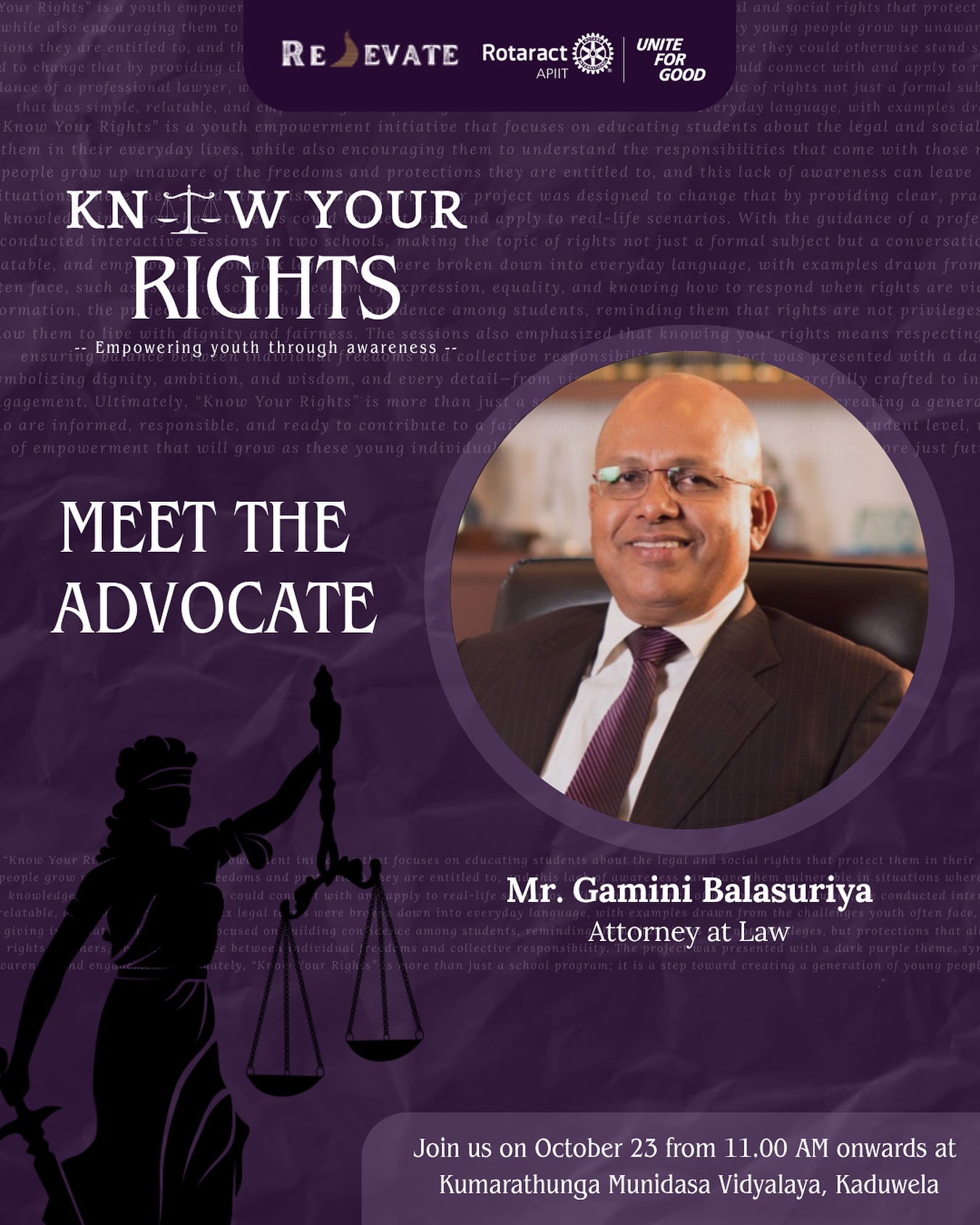 Rotaract - ⚖️ Meet the Advocate We’re honored to welcome Mr. Gamini ...