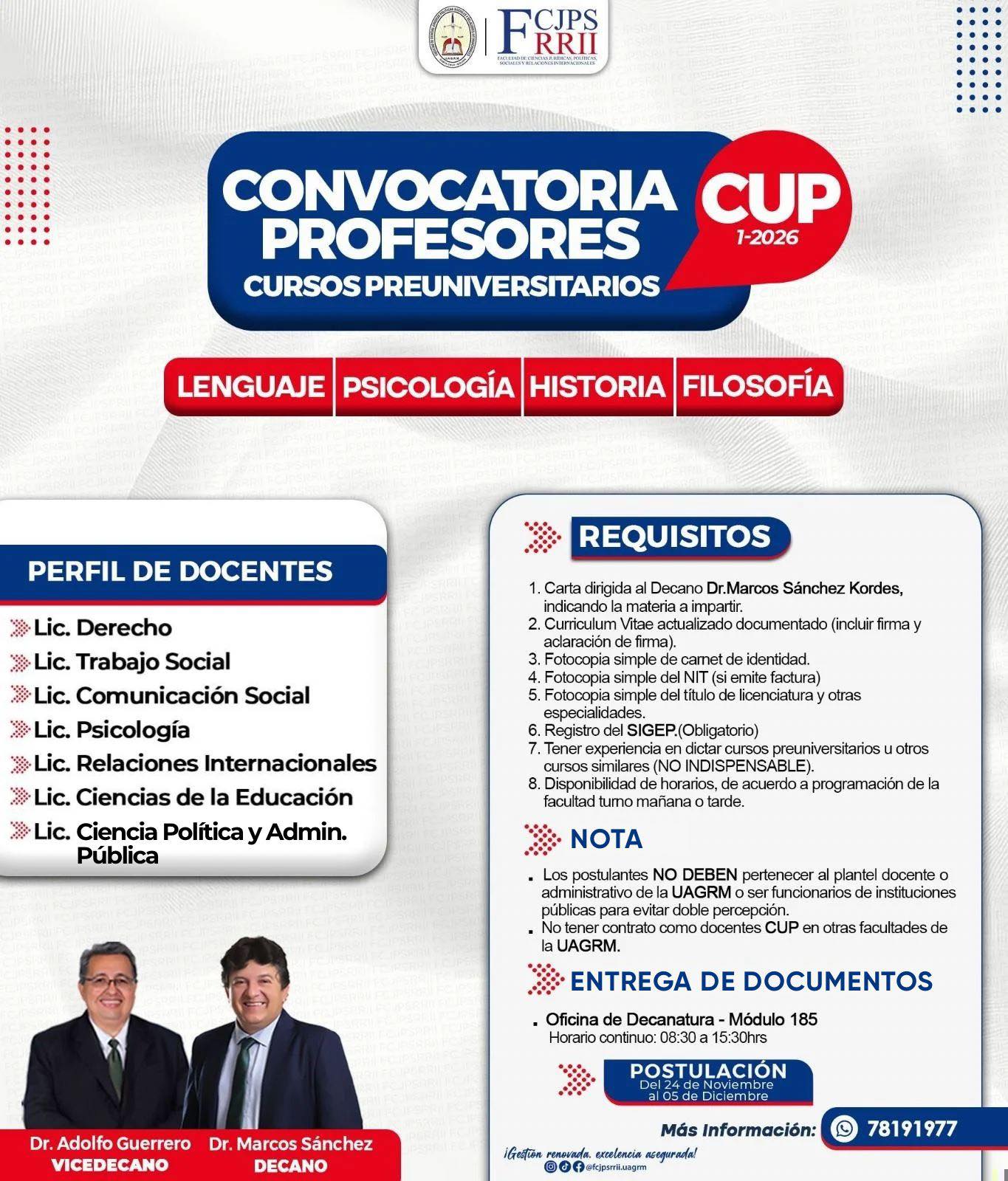 CONVOCATORIA PROFESORES C.U.P. La Facultad de Ciencias Jurídicas invita ...