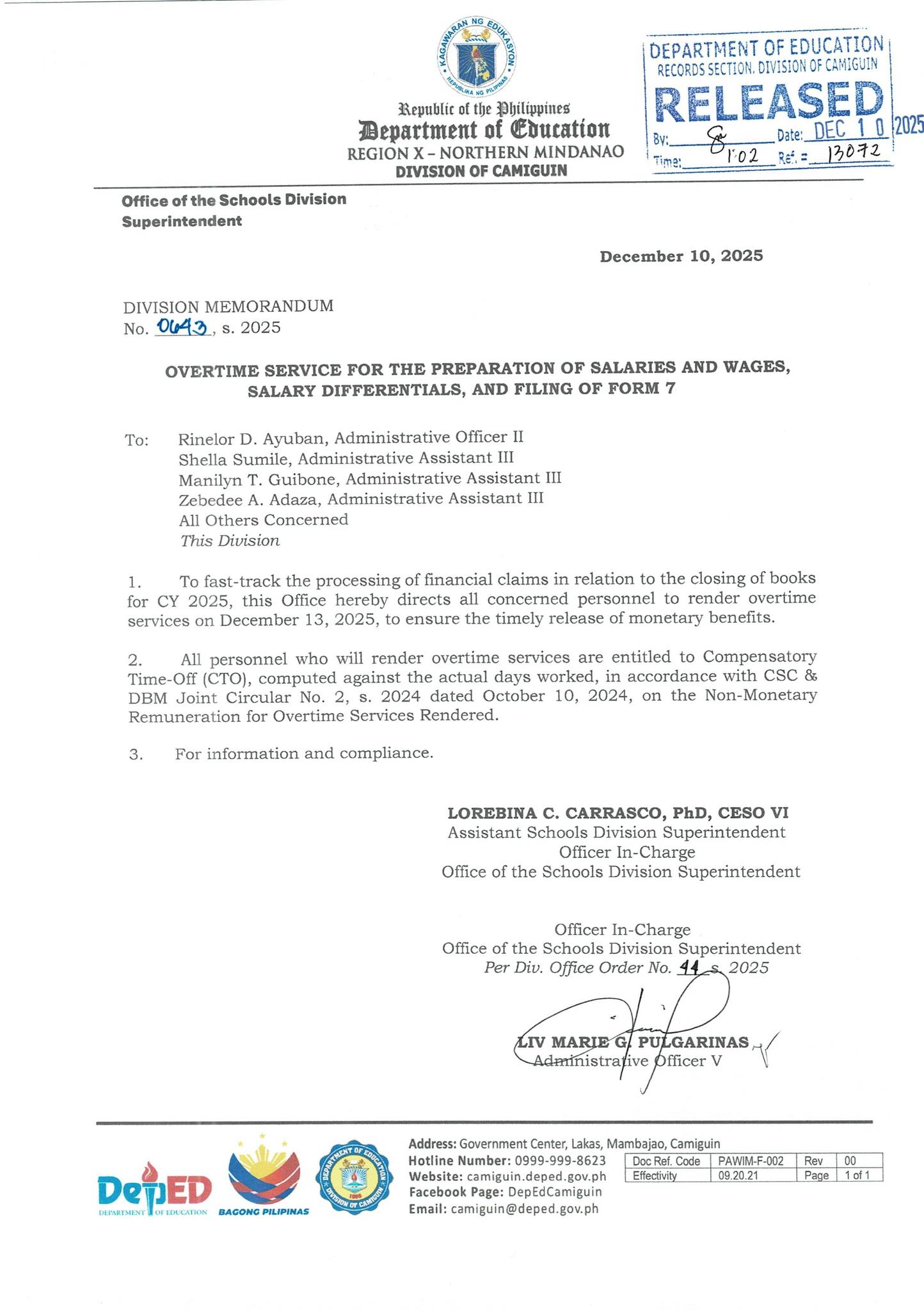 DepEd - DM No. 0643, s. 2025 Overtime Service for the Preparation of ...