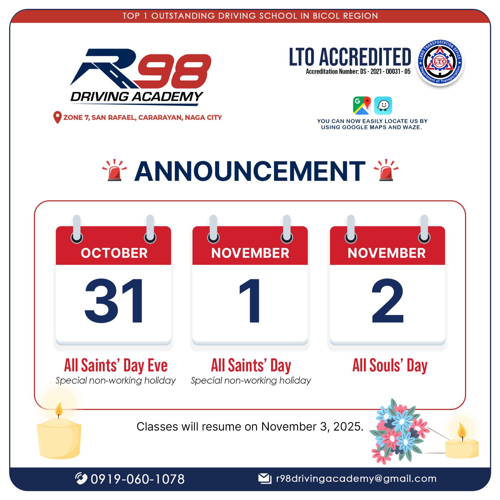 R98 - 📢 ANNOUNCEMENT In line with the observance of All Saints’ Day Eve ...