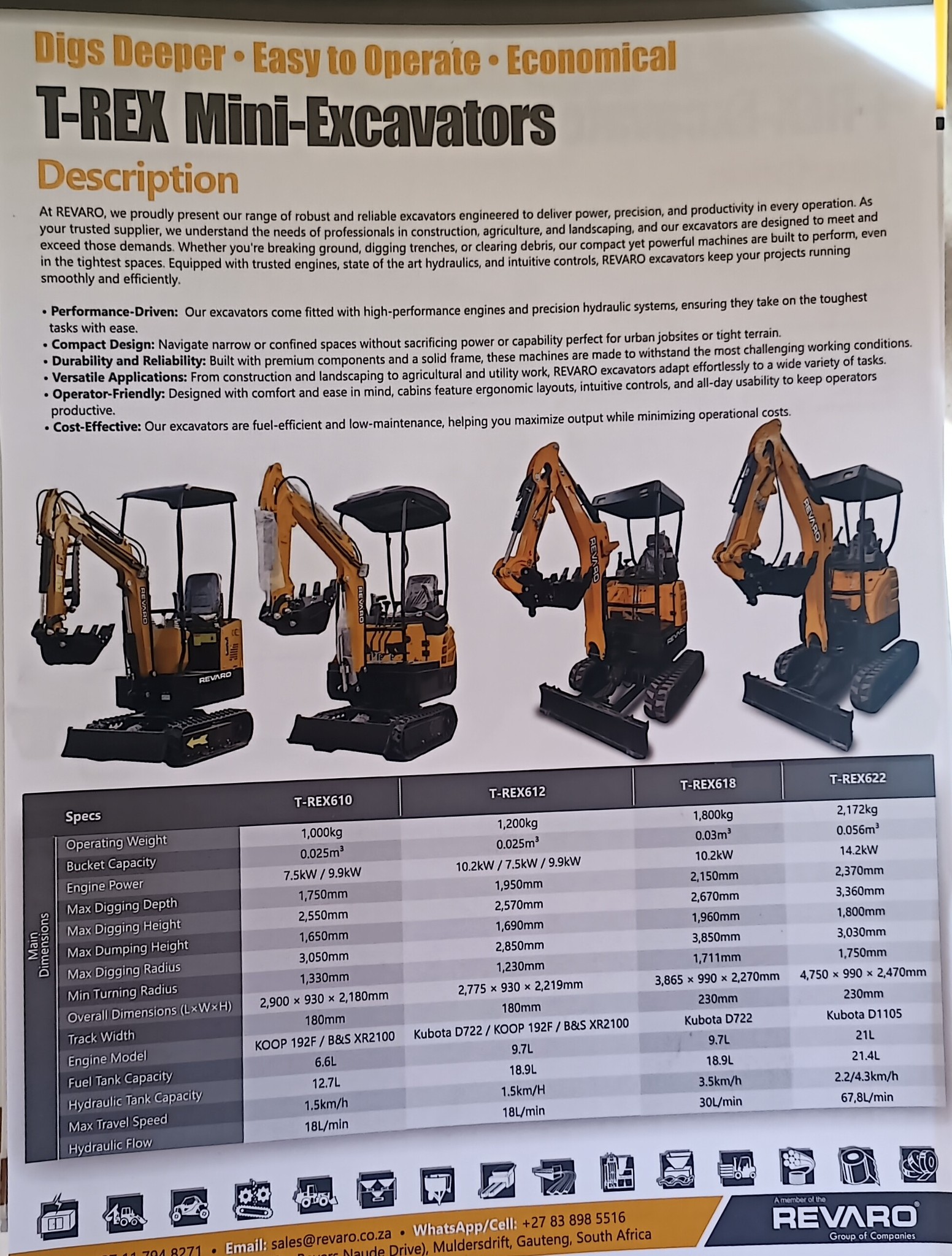 Revaro T-Rex 610 mini excavator Rated Power 7kw Bucket capacity 