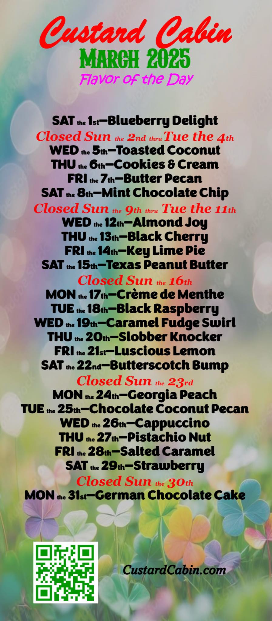 Custard Cabin's March flavor menu