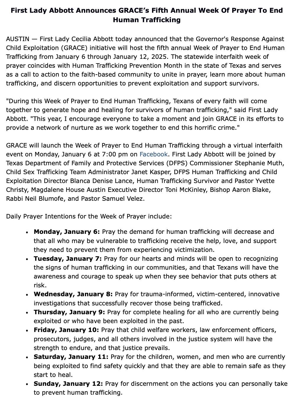 Greg Abbott - Announcing GRACE's 5th annual Week of Prayer...