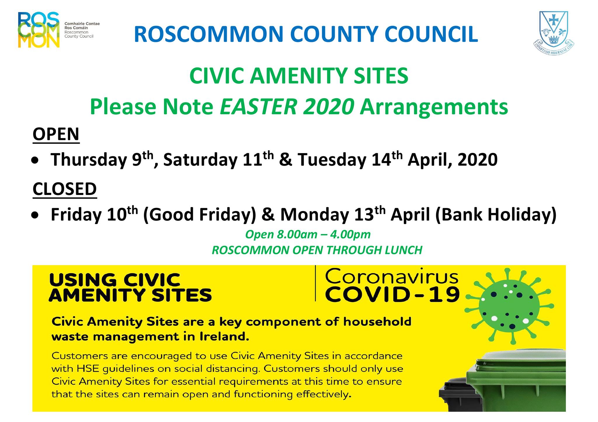 Roscommon County Council - Roscommon Civic Amenity Sites - Easter 2020 ...