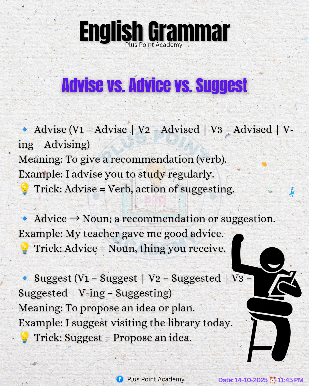 🎯English Grammar 📍Advise vs. Advice... - Plus Point Academy | Facebook
