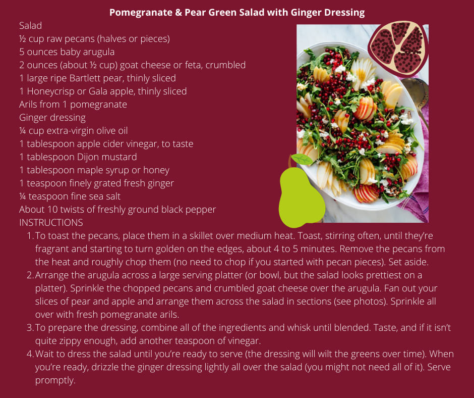 pomegranate & pear green salad with ginger dressing Easy vinaigrette chicken and fruit RKI:10