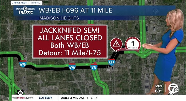 I-696 closed in both directions due to jackknifed semi