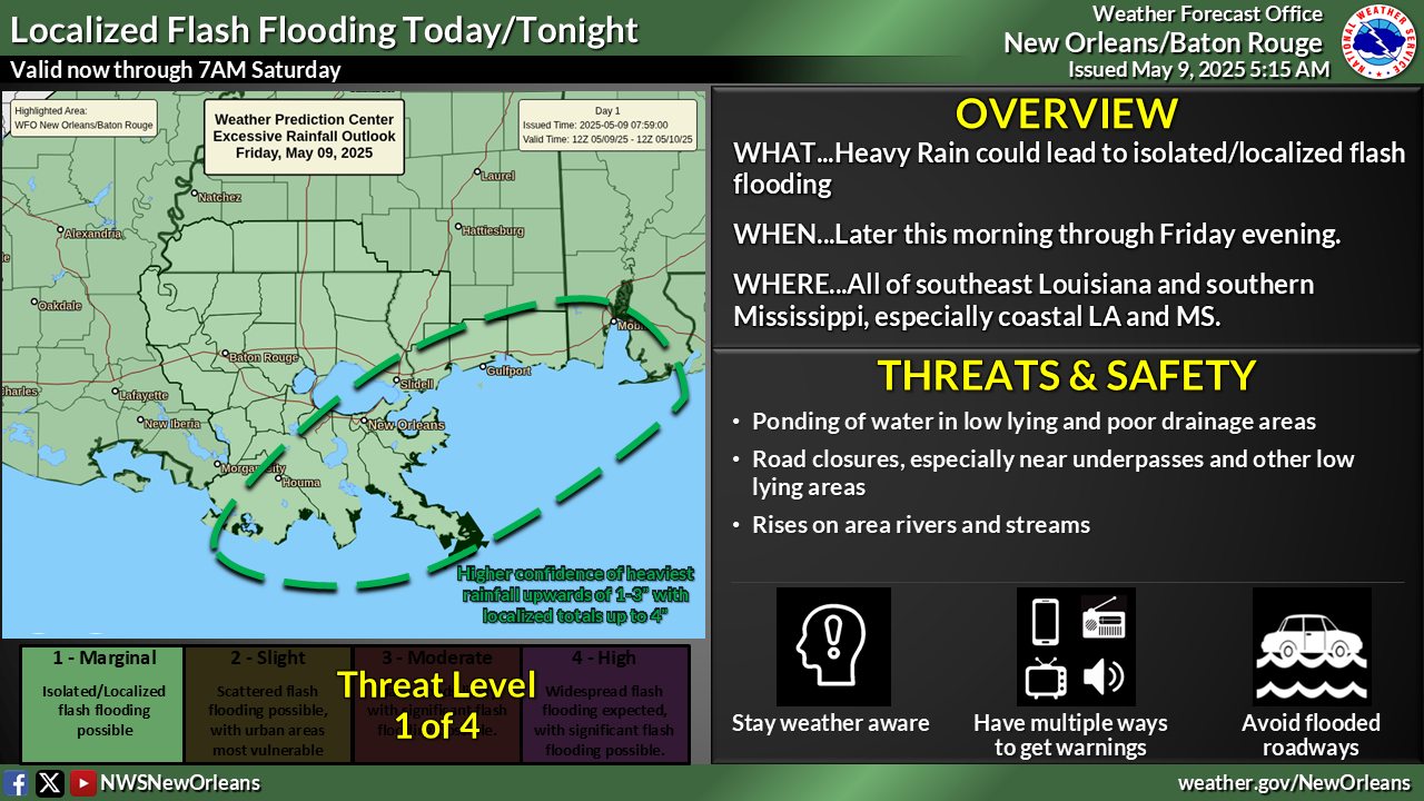 US - Graphic headline reads Localized Flash Flooding Today/Tonight. Sub ...