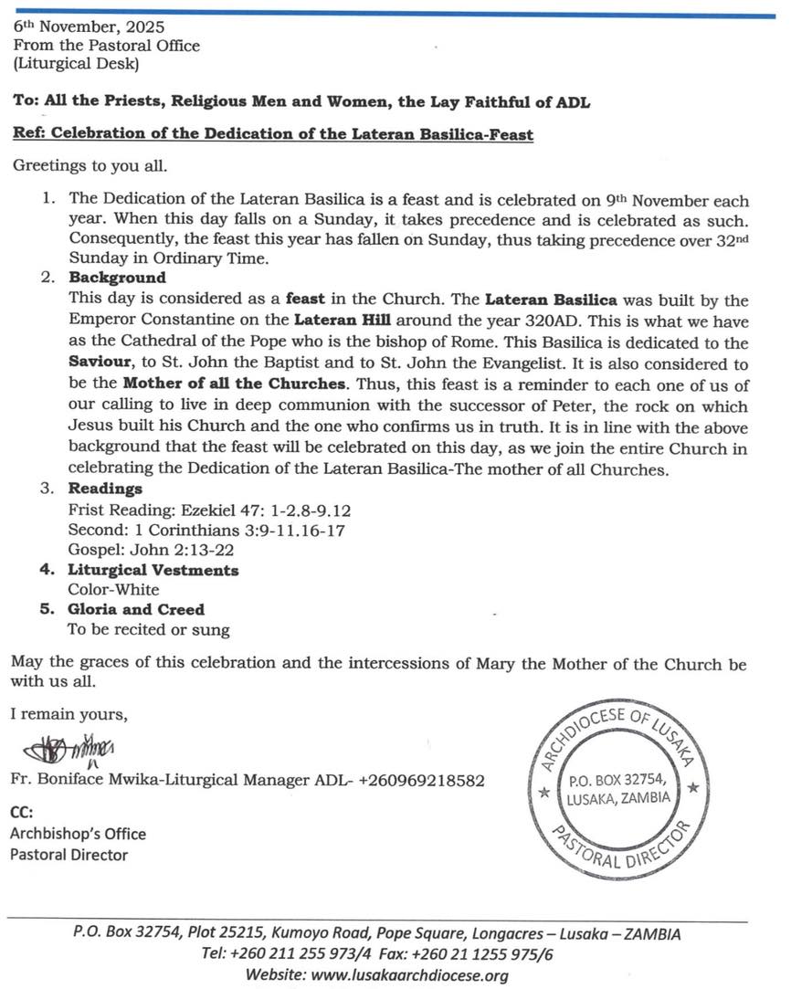 Kindly take note of the... - Archdiocese of Lusaka - ADL 1st | Facebook