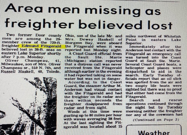 Gibraltar - Door County loses two men on the Edmund Fitzgerald, Oliver ...