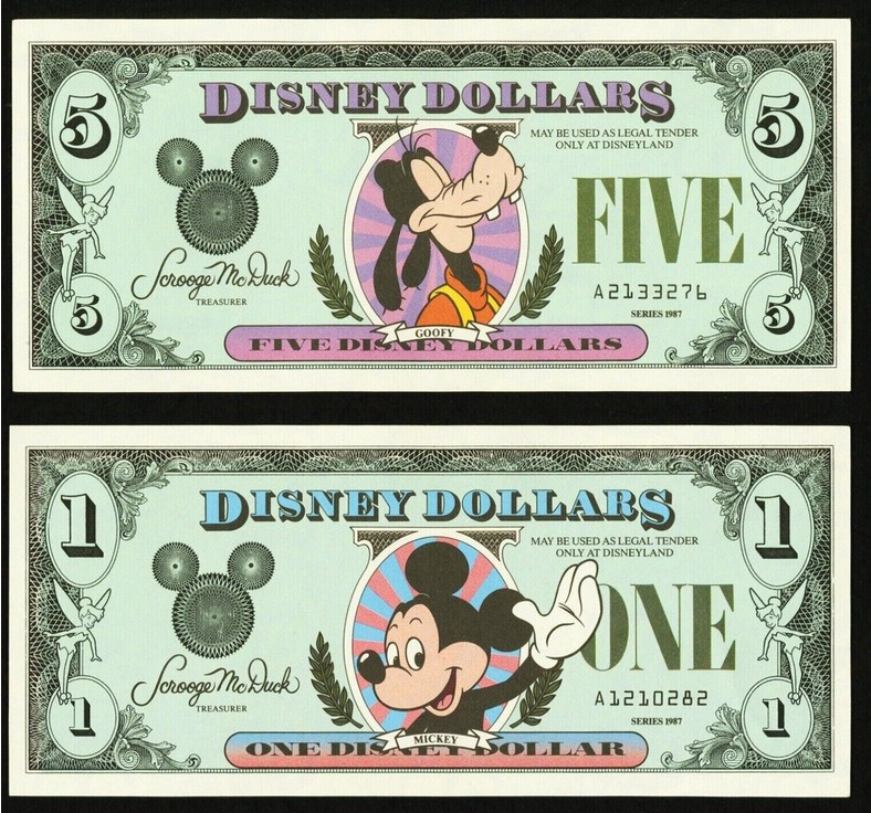 1987 – “Disney Dollars” roll off Mickey's printing press for the