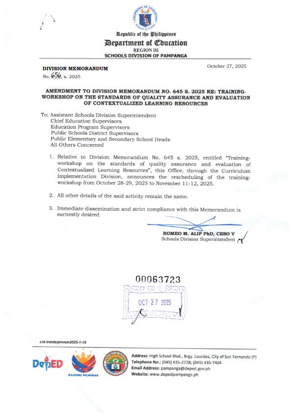 DepEd - DIVISION MEMORANDUM NO. 656, s. 2025 AMENDMENT TO DIVISION ...