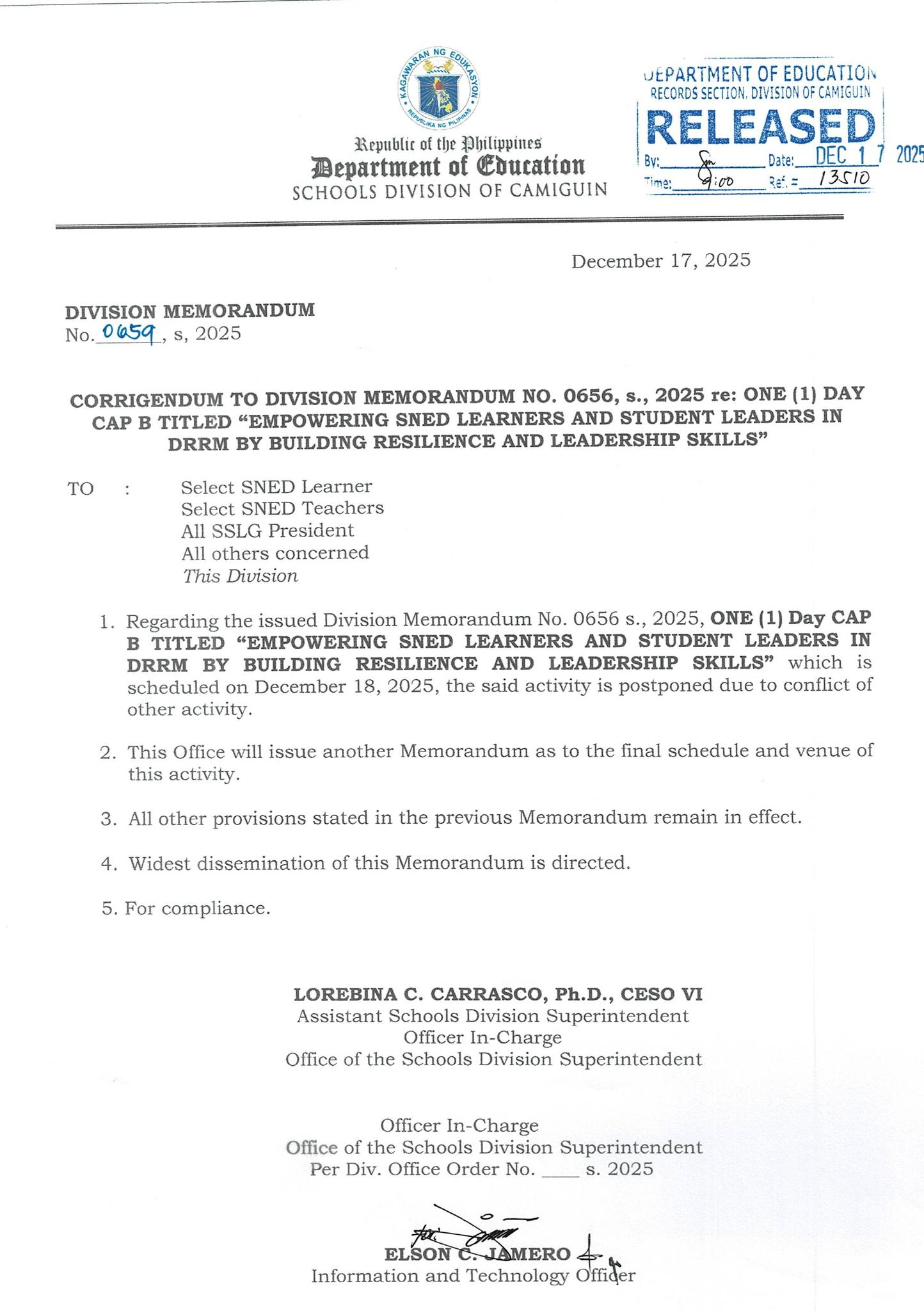 DepEd - DM No. 0659, s. 2025 Corrigendum to Division Memorandum No ...