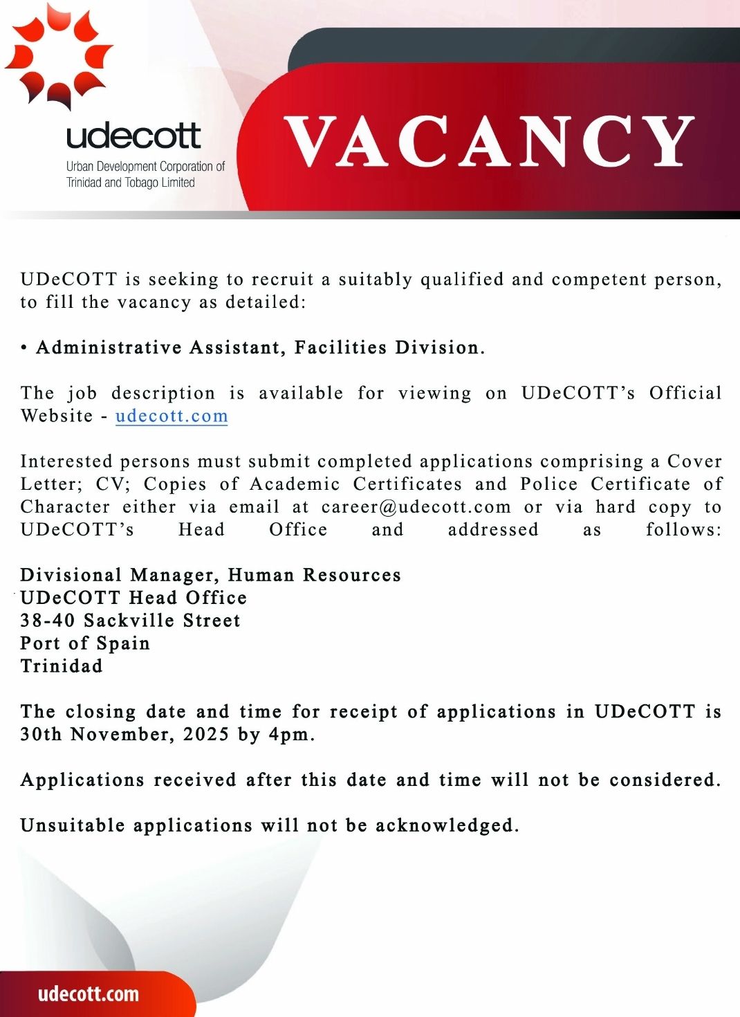 Vacancy ️ UDeCOTT is seeking to recruit a suitably qualified and ...