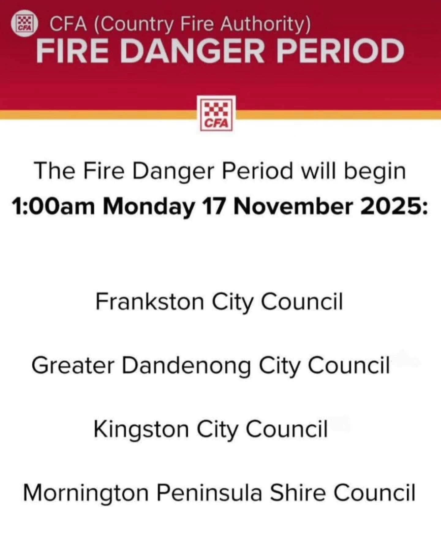 Springvale CFA - The fire danger period (FDP) has been... | Facebook