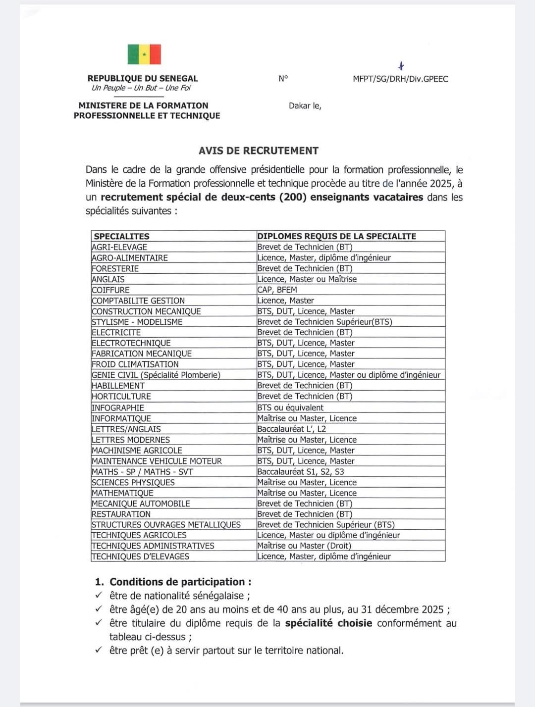 Direction de la Formation Professionnelle et Technique | Dakar