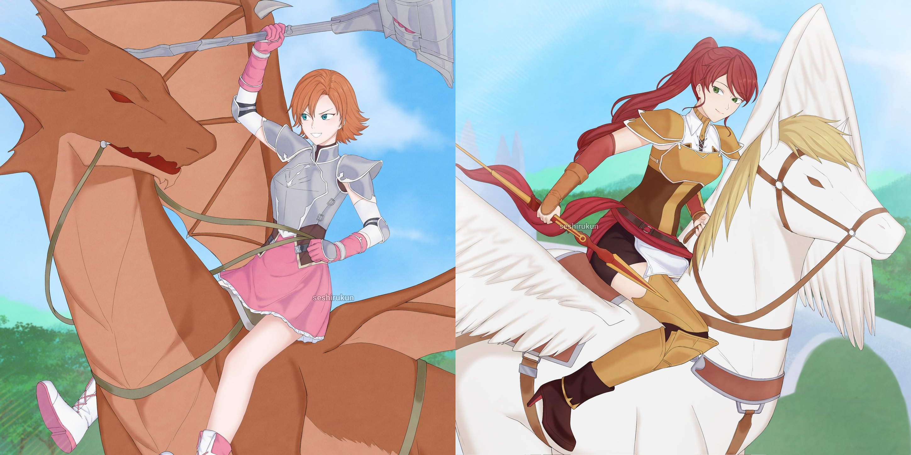 RWBY - Wyvern Rider Nora and Pegasus Knight Pyrrha by Seshirukun. Round ...