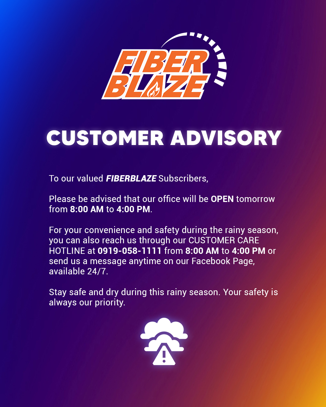 FIBERBLAZE - CUSTOMER ADVISORY To our valued FIBERBLAZE Subscribers ...