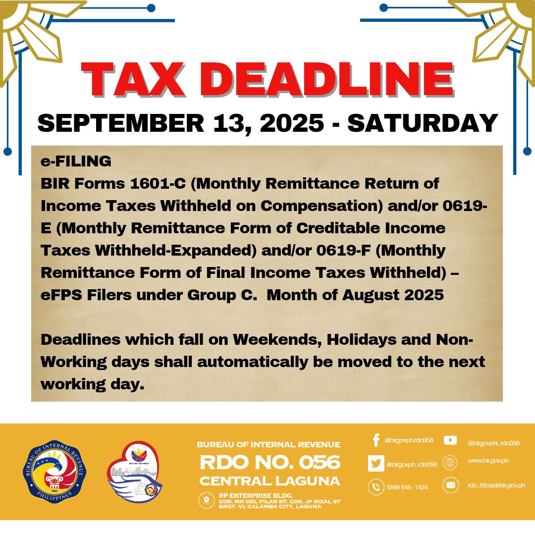 BIR - BIR Tax Deadline September 13, 2025 Saturday e-FILING BIR Forms ...