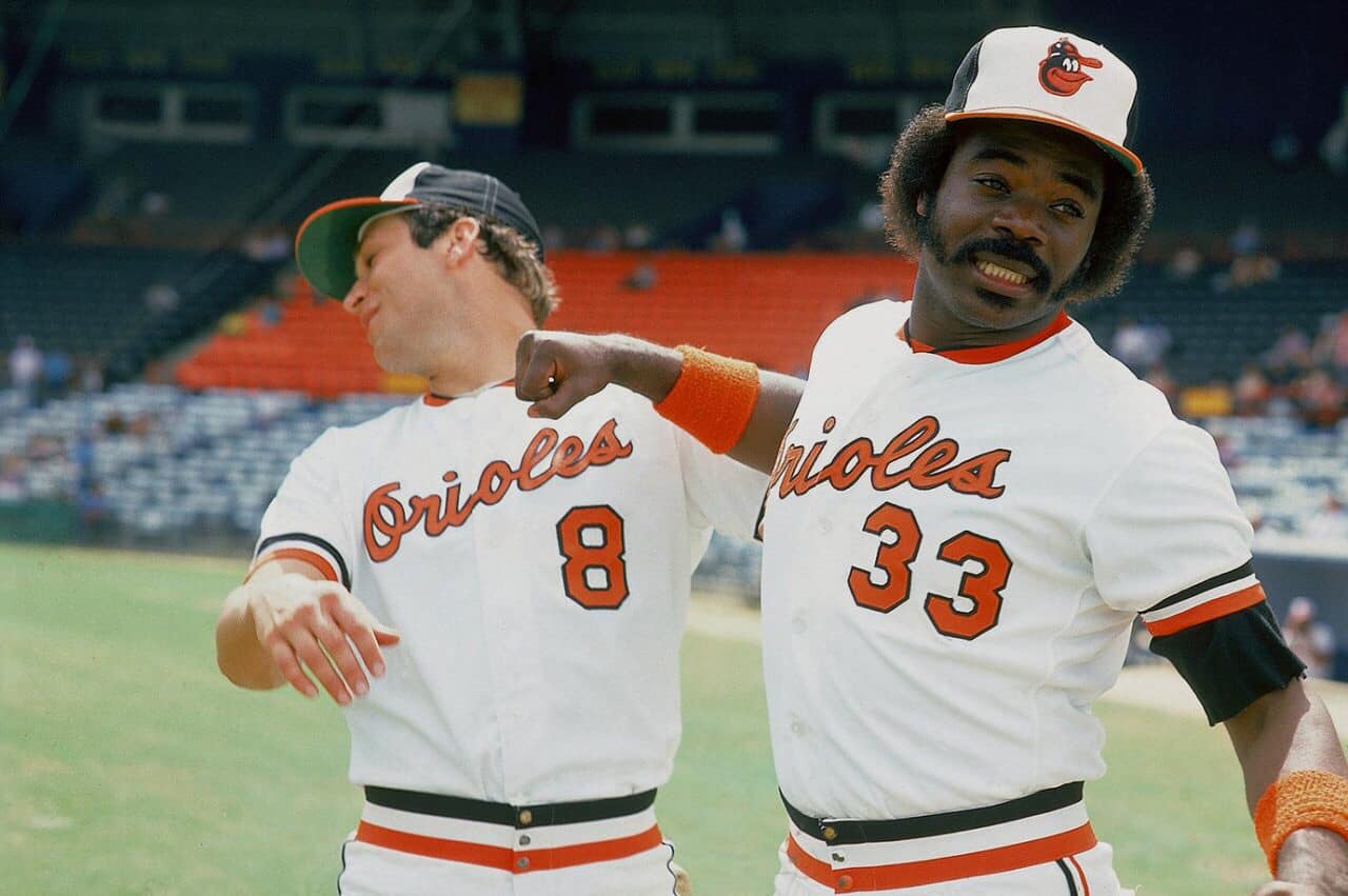 Eddie Murray and Cal Ripken Jr. celebrate winning the 1983 World
