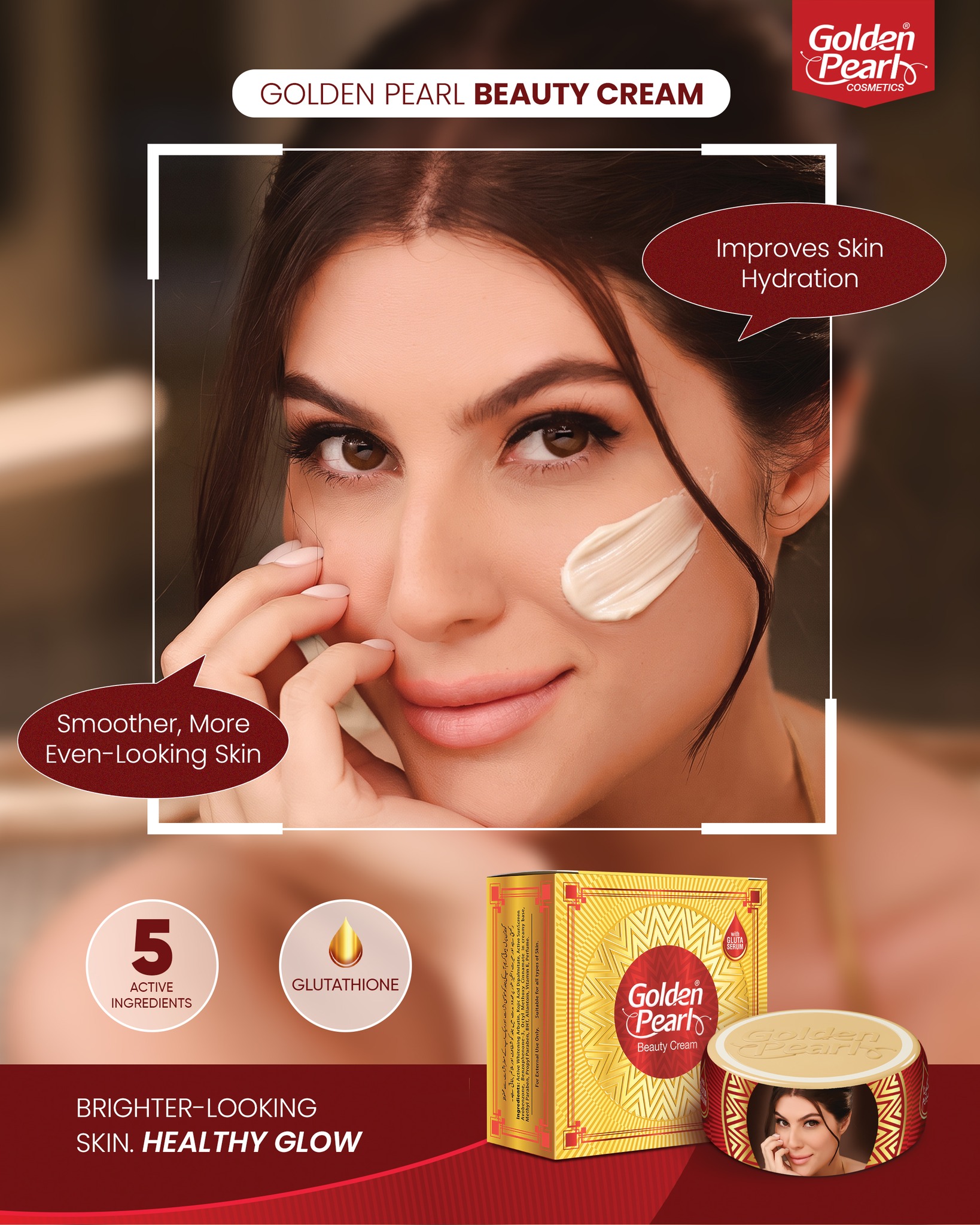 Golden Pearl Beauty Cream with added Gluta Serum, powered by 5 active ingredients, for a routine designed to achieve a more even-looking skin tone with radiant-looking complexion. Shop Now: www.golde